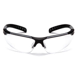 Pyramex Sitecore Safety Glasses SBG101_0DTM by Pyramex Safety feature clear lenses, black rubberized arms, adjustable temples, and a wraparound design, displayed from the front on a white background. Box of 12.