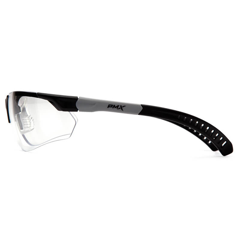 Side view of Pyramex Sitecore Safety Glasses SBG101_0DTM by Pyramex Safety, black and gray with clear lenses, vented arms, adjustable temples, visible "PMX" logo, and anti-fog coating for improved clarity.