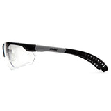 Side view of Pyramex Sitecore Safety Glasses SBG101_0DTM by Pyramex Safety, black and gray with clear lenses, vented arms, adjustable temples, visible "PMX" logo, and anti-fog coating for improved clarity.