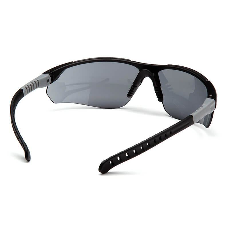 Pyramex Sitecore Safety Glasses SBG101_0DTM by Pyramex Safety feature a black and gray wraparound style with dark tinted lenses, vented flexible arms, and adjustable temples, shown from the rear on a white background. Box of 12.