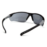 Pyramex Sitecore Safety Glasses SBG101_0DTM by Pyramex Safety feature a black and gray wraparound style with dark tinted lenses, vented flexible arms, and adjustable temples, shown from the rear on a white background. Box of 12.