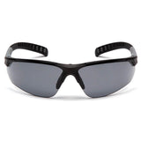 The Pyramex Safety Sitecore Safety Glasses SBG101_0DTM feature black wraparound frames, dark tinted lenses, and adjustable temples, shown from the front on a white background. Sold in boxes of 12.