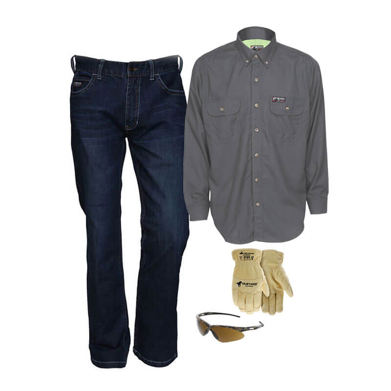 The MCR Safety Summit Breeze 5.5 oz FR Gray Shirt Bundle includes a flame-resistant gray shirt, dark blue jeans, tan work gloves, and protective safety glasses, all displayed on a white background.