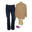 The MCR Safety Summit Breeze 5.5 oz FR Tan Shirt Bundle is shown, paired with dark blue jeans, tan work gloves, and safety glasses with pink-tinted lenses, all displayed against a white background.
