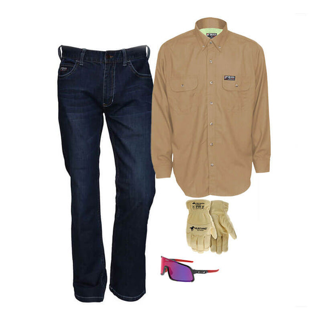 The MCR Safety Summit Breeze 5.5 oz FR Tan Shirt Bundle is shown, paired with dark blue jeans, tan work gloves, and safety glasses with pink-tinted lenses, all displayed against a white background.