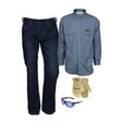 The MCR Summit Breeze 5.5 oz FR Blue Shirt Bundle by MCR Safety features dark blue jeans, a light blue FR shirt with arc protection, tan work gloves, and reflective safety sunglasses arranged on a white background.