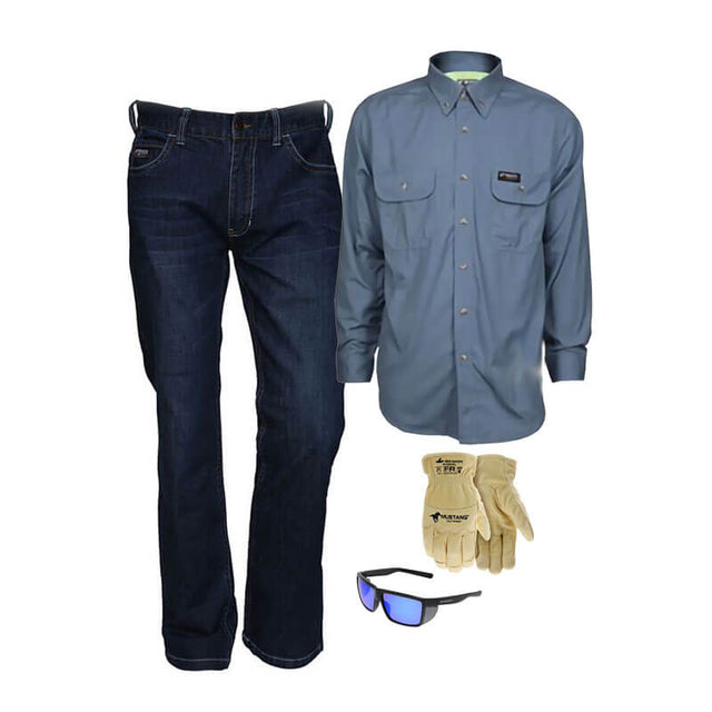 The MCR Summit Breeze 5.5 oz FR Blue Shirt Bundle by MCR Safety features dark blue jeans, a light blue FR shirt with arc protection, tan work gloves, and reflective safety sunglasses arranged on a white background.