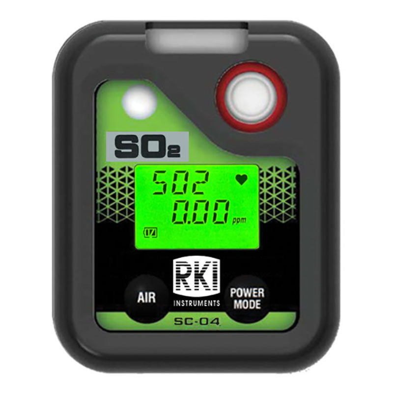 The RKI Instruments SC-04 Series SO2 Single Gas Monitor 73-0081, from the brand RKI Instruments, displays "SO₂" with measurements of "5.02" and "0.00 ppm" on a green screen, making it ideal for personal monitoring of hazardous materials. This device features buttons labeled "Air" and "Power Mode.