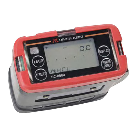 An RKI SC-8000 Hydrogen Peroxide Gas Monitor (product code 73-0053-H2O2) with a digital display showing "0.0". The monitor includes buttons labeled "Air/Reset," "Display," and "Power/Enter," and is encased in a red protective cover, making it perfect for detecting H2O2.