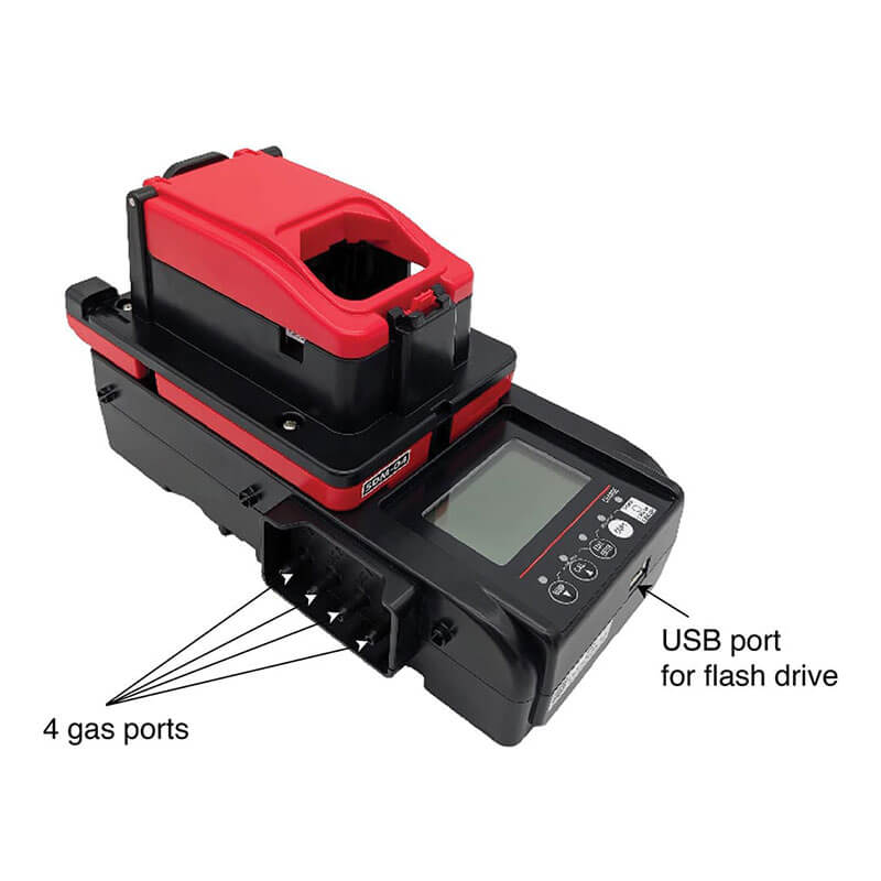 The RKI Instruments SDM-04 Calibration Station (81-SDM04-10_) is a black and red device with a screen, 4 gas ports, and a USB port; perfect for 04 Series gas monitor calibration and automated bump testing.