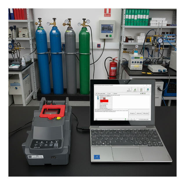 A small laptop is connected to an RKI Instruments SDM-3R Stand Alone Calibration Station (81-SDM3R101) on a lab bench, with gas cylinders, shelves of lab equipment, and a fire extinguisher in the laboratory background.