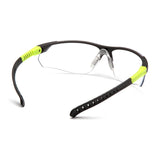 Pyramex Safety Sitecore Safety Glasses SGL101_0DTM feature clear lenses, a black frame with neon yellow-accented arms, ventilation holes, non-slip grips, adjustable temples, and adjustable nose pads for comfort. Sold 12 per box.