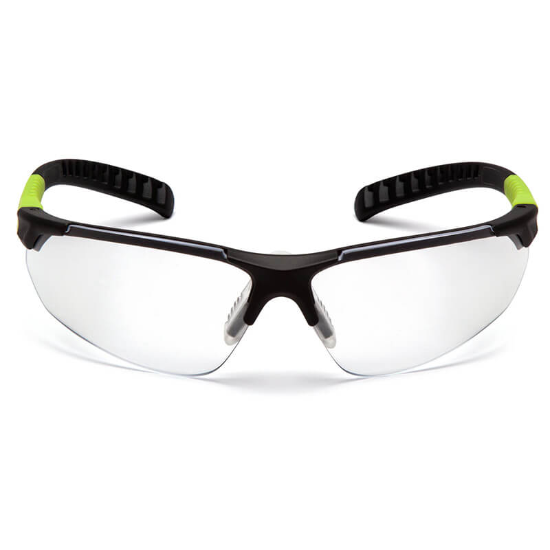 Pyramex Safety Sitecore SGL101_0DTM clear safety glasses feature black frames with green accents, anti-fog coating, and adjustable temples for comfort. Ideal for eye protection in work or lab settings. Sold 12/box.