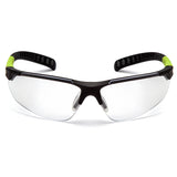 Pyramex Safety Sitecore SGL101_0DTM clear safety glasses feature black frames with green accents, anti-fog coating, and adjustable temples for comfort. Ideal for eye protection in work or lab settings. Sold 12/box.