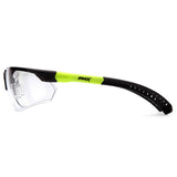 Side view of Pyramex Sitecore Safety Glasses SGL101_0DTM with clear lenses, black/neon yellow frame, curved perforated black temple arm, angular lens shape, anti-fog coating, and "Pyramex Safety" branding on the side.