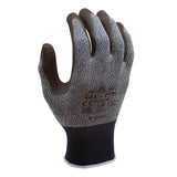 A single SHOWA ATLAS 341 General Purpose Glove from Showa Best in gray, displayed upright with its textured black palm and fingers facing left. The glove incorporates advanced grip technology and features a snug black cuff at the wrist for enhanced comfort and control.