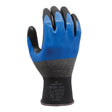 A pair of SHOWA 376 General Purpose Liquids Gloves by Showa Best, featuring a blue and black nitrile foam grip with a textured surface, is displayed upright with the palm facing away against a white background.