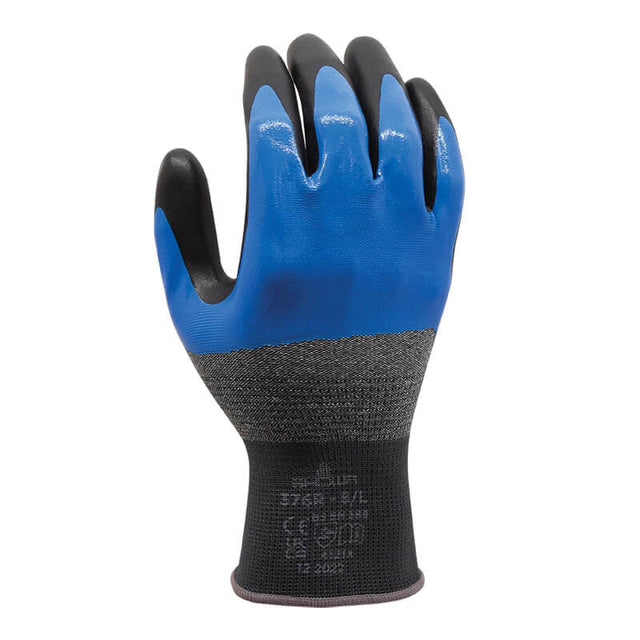 A pair of SHOWA 376 General Purpose Liquids Gloves by Showa Best, featuring a blue and black nitrile foam grip with a textured surface, is displayed upright with the palm facing away against a white background.