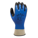 A pair of SHOWA 377 General Purpose Gloves by Showa Best, featuring blue and black nitrile coating with visible safety markings, is displayed upright with fingers extended to show the back against a white background—ideal for use as chemical-resistant safety gloves (pack of 12 pairs).