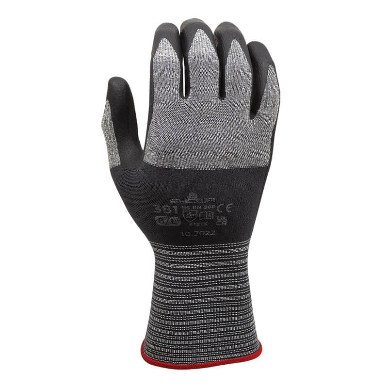 A single SHOWA 381 General Purpose Glove by Showa Best is displayed upright with the palm facing away, featuring a gray and black design, textured grip, extended cuff, and printed safety information on the back. Engineered for abrasion resistance and ideal for general purpose tasks, this glove offers durability and protection in demanding environments.