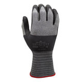 A single SHOWA 381 General Purpose Glove by Showa Best is displayed upright with the palm facing away, featuring a gray and black design, textured grip, extended cuff, and printed safety information on the back. Engineered for abrasion resistance and ideal for general purpose tasks, this glove offers durability and protection in demanding environments.