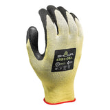 A pair of yellow and black SHOWA 4561 Cut Resistant Gloves from Showa Best, featuring a black label on the back with the brand name and model number, abrasion resistance, and a red cuff for enhanced visibility.