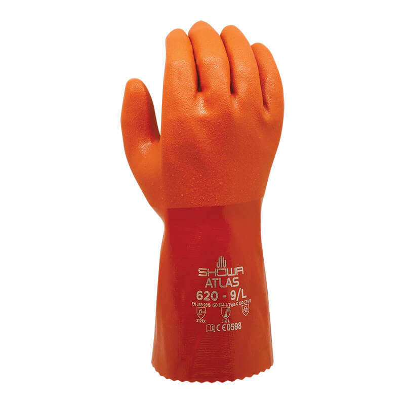 A single SHOWA ATLAS 620 Chemical Glove from Showa Best, crafted in orange rubber for protective use, stands upright displaying its front side. Offering liquid-proof protection and chemical resistance, this PVC glove features text and symbols on the wrist area to indicate its specifications.