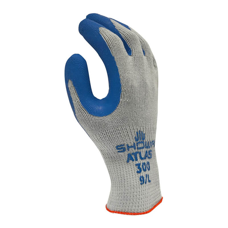 The SHOWA ATLAS 300 General Purpose Gloves (12 pairs) by Showa Best feature a textured grip on the palm and fingers for Tactical Grip Performance. The gloves are gray and blue with text printed on the back, and they have an orange cuff to indicate size 9/L. Their upright display showcases an ergonomic design for optimal use.
