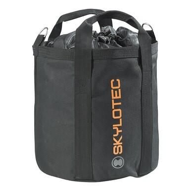 The Skylotec Rope Bag ACS-0009, in black with orange lettering, features two robust handles. It's perfect for storing your climbing rope and includes a drawstring closure for secure storage.