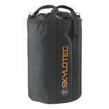 Introducing the Skylotec Rope Bag ACS-0009-, a sleek cylindrical bag in black, featuring two sturdy handles and highlighted with vibrant orange Skylotec branding. Crafted from durable fabric, it offers both style and functionality, making it the ideal choice for transporting climbing ropes and other equipment.