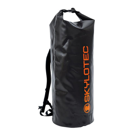 The Skylotec DRYBAG ACS-0014 is a black backpack featuring an orange logo, a roll-top closure, and adjustable rucksack straps. Designed for outdoor use, it boasts a durable polyurethane finish and functions as a waterproof rope bag.