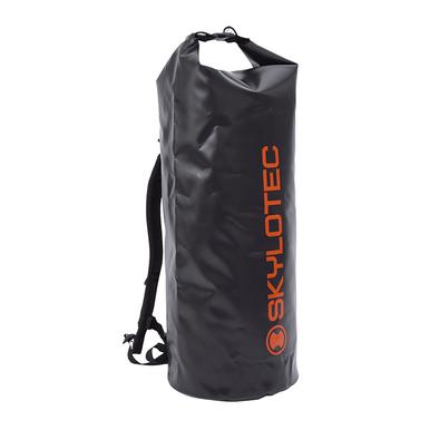 The Skylotec DRYBAG ACS-0014 is a sleek black waterproof roll-top backpack, featuring "SKYLOTEC" in vibrant orange. Designed with sturdy rucksack straps, this durable polyurethane bag is perfect for outdoor adventures and also serves as a reliable waterproof rope bag.