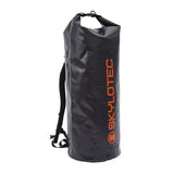 The Skylotec DRYBAG ACS-0014 is a sleek black waterproof roll-top backpack, featuring "SKYLOTEC" in vibrant orange. Designed with sturdy rucksack straps, this durable polyurethane bag is perfect for outdoor adventures and also serves as a reliable waterproof rope bag.