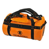 A Skylotec Dufflebag ACS-017_ in orange, equipped with black handles and straps, showcases the brand "Skylotec" along with a circular logo on the side. Made from water-resistant tarpaulin, it features a zippered closure and offers a rugged, durable design perfect for climbing gear.