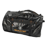 The Skylotec Dufflebag ACS-017_ is a stylish black sports duffel with striking orange accents and prominently showcases the "SKYLOTEC" logo. Crafted from water-resistant tarpaulin, this climbing gear bag offers various storage options, including multiple straps and a zippered side pocket.