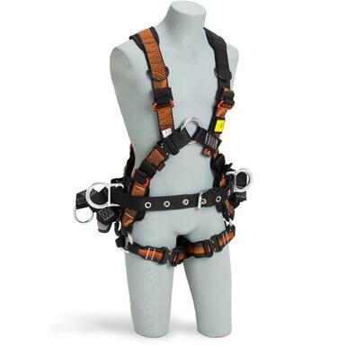 A mannequin showcases the Skylotec Tower Pro Harness with Aluminum D-rings G-1080 by Skylotec, featuring a full-body safety harness with multiple adjustable straps, metal rings, and buckles. Primarily black with orange accents, this harness offers essential fall protection for climbing or construction safety.