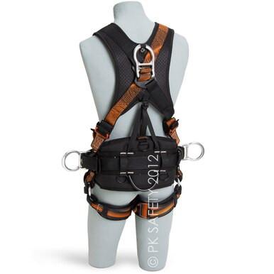 A gray mannequin displays the Skylotec Tower Pro Harness with Aluminum D-rings G-1080, a black and orange safety harness perfect for tower climbing. This industrial fall protection equipment features adjustable straps and metal rings, elegantly set against a plain white background.