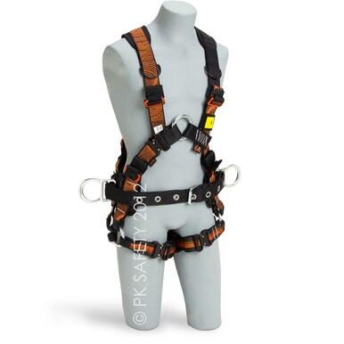 A mannequin is displayed wearing the Skylotec Tower Pro Harness with Aluminum D-rings G-1080 by Skylotec. This black and orange safety harness, crucial for tower climbing, offers essential fall protection with its multiple straps, metal loops, adjustable buckles, and padded design for secure body support and comfort.