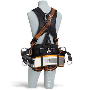 Mannequin wearing Skylotec's Tower Pro Harness, featuring black and orange design with aluminum D-rings for fall protection. This ideal tower climbing gear includes multiple metal loops and a padded belt for enhanced comfort and security.