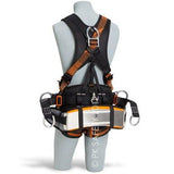 Mannequin wearing Skylotec's Tower Pro Harness, featuring black and orange design with aluminum D-rings for fall protection. This ideal tower climbing gear includes multiple metal loops and a padded belt for enhanced comfort and security.