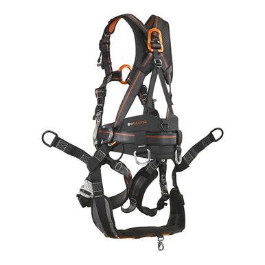 The Skylotec Ignite Proton Tower Harness G-1132-T by Skylotec is a black and orange safety harness that includes multiple adjustable straps and durable metal buckles for secure attachment. It features padded sections for comfort, aluminum D-rings, and several attachment points, making it perfect for climbing or workplace safety.