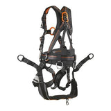 The Skylotec Ignite Proton Tower Harness G-1132-T by Skylotec is a black and orange safety harness that includes multiple adjustable straps and durable metal buckles for secure attachment. It features padded sections for comfort, aluminum D-rings, and several attachment points, making it perfect for climbing or workplace safety.