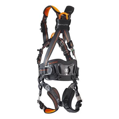 The Skylotec Ignite Proton Wind Harness G-1132-WS, a black and orange safety harness, is equipped with multiple adjustable straps and buckles against a white background. Expertly designed for climbing protection, it ensures reliable fall arresting in diverse work environments.