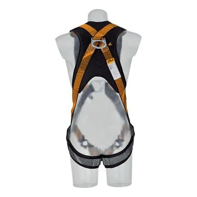 A mannequin displays the rear view of a Skylotec ARG 31 SKYFIZZ Harness G-US-0031 in orange and black. The design features adjustable straps and comfortable padding, along with a durable metal ring for secure attachments, making it perfect for construction or roofing tasks.