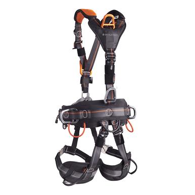 The Skylotec IGNITE ARGON Harness G-US-1133, in black and orange, features multiple adjustment straps, buckles, and padded leg loops designed for climbing or industrial use. It incorporates Skylotec's IGNITE ARGON technology with convenient attachment points, making it ideal for secure handling on a white background.