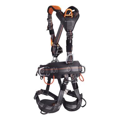 The Skylotec IGNITE NEON Harness G-US-1153, by brand Skylotec, is a black and orange rope access harness with a chest ascender. It features multiple adjustable straps and metal loops for safety attachments. Designed for secure climbing or construction work, it includes padded leg supports and a padded waist harness for optimal back support.