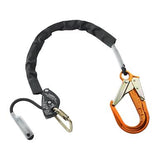 The Skylotec Lory PRO Work Positioning and Descender L-0695, crafted by Skylotec for rope access, features a black protective cover. It includes a large orange carabiner on one end and a black fall arrest mechanism on the other, providing both safety and reliability.