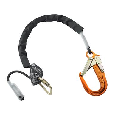 The Skylotec Lory PRO Work Positioning and Descender L-0695 is a safety lanyard with a black protective covering, featuring an orange carabiner on one end and a small black Lory PRO device with a metal loop on the other. Specifically designed for secure climbing or industrial use, it is ideal for rope access scenarios.