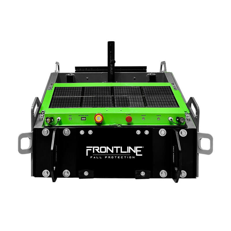 A black and green Frontline Fall Protection Commando Tank SLR-PAN features control buttons, handles, high-intensity headlights, and a Frontline Solar Panel System on top, with the brand name displayed on the front.