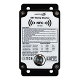 A rectangular device labeled “WatchGas SST1 Bump Test Starter SST1-BS” features a central button, indicator lights key, and a list of supported gas measurements to verify gas detector compliance. The front panel of this portable WatchGas safety tester also displays instructions and a QR code.